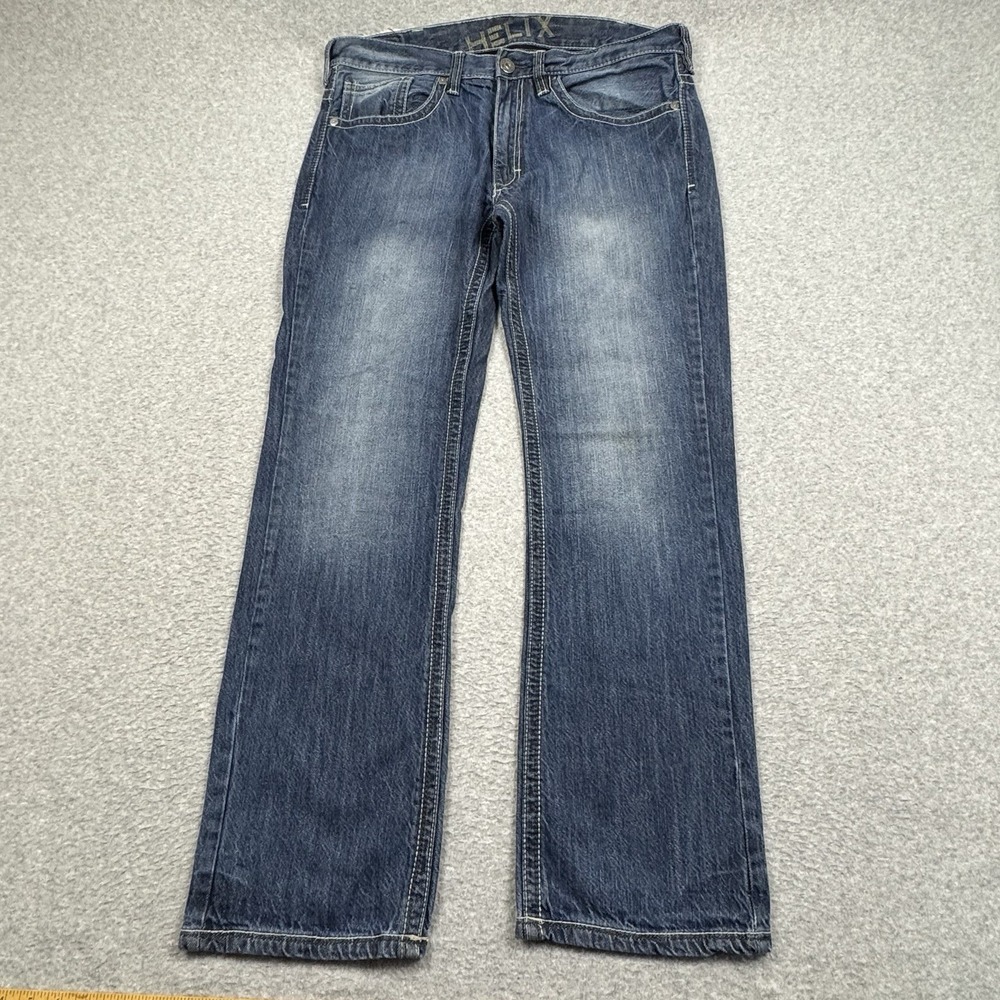 Helix Slim Straight Jeans Mens 38x32 100% Cotton Denim Embroidered Pockets Blue